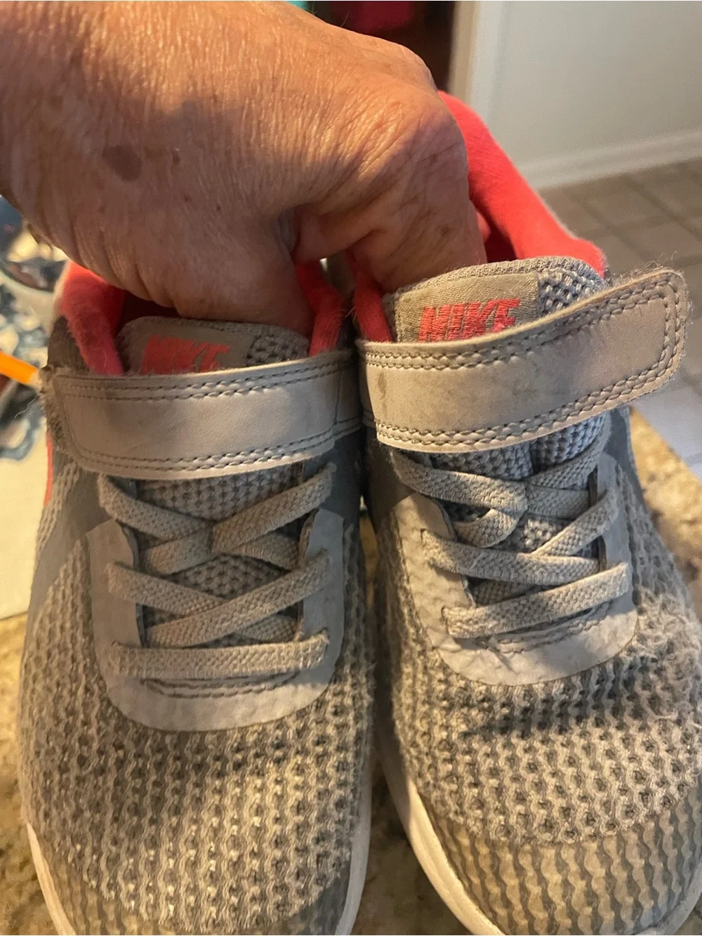 Nike Kids Gray and Coral Athletic Sneakers with Hook-and-Loop Strap